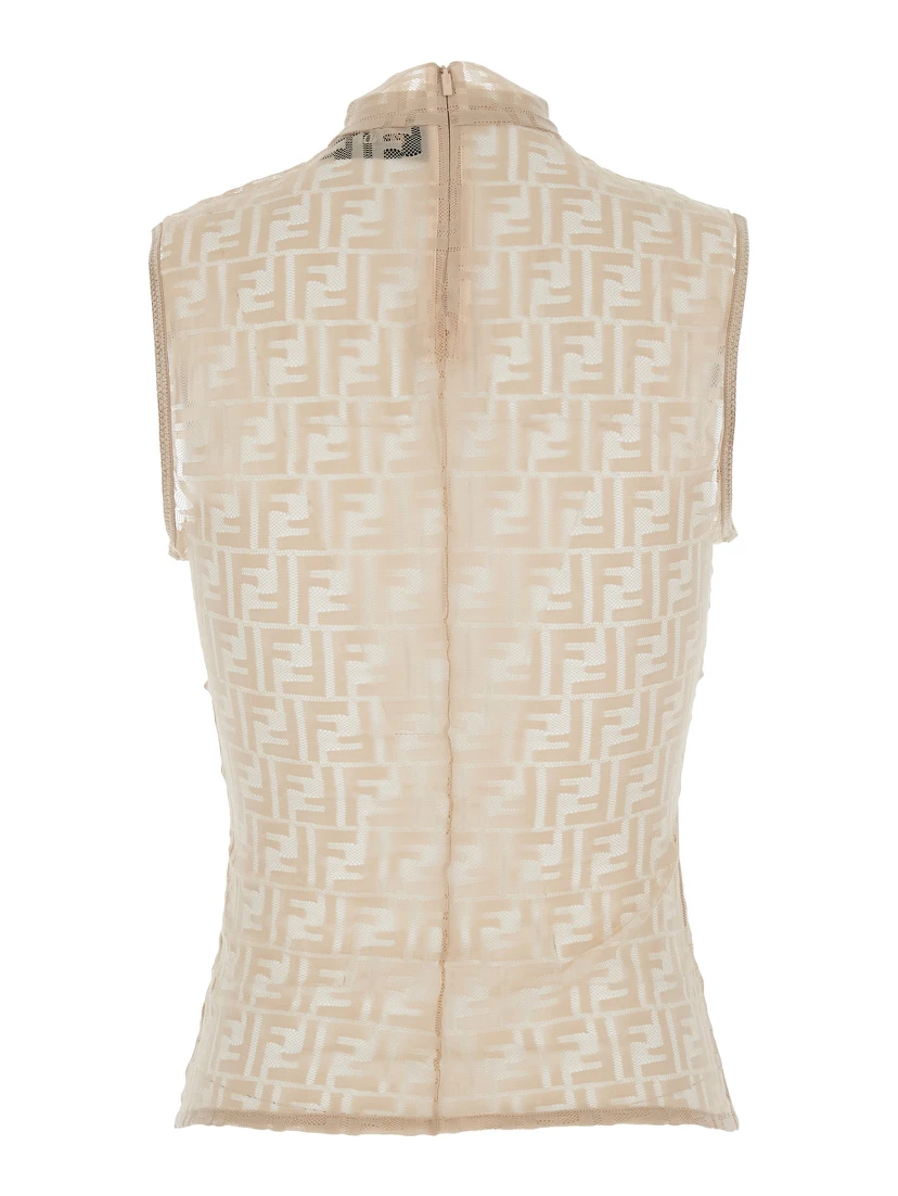 White Crewneck Sleeveless Top with All-Over FF Motif and Rear Zip Closure in Tech Fabric Stretch Woman