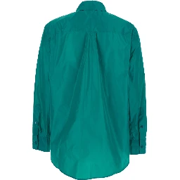 Blue Shirt with Classic Collar and Logo Lettering on the Front in Silk Woman