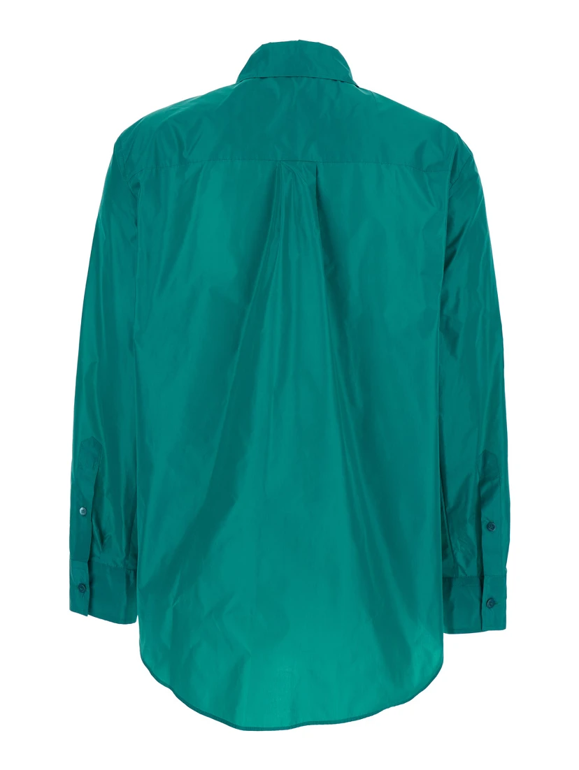 Blue Shirt with Classic Collar and Logo Lettering on the Front in Silk Woman