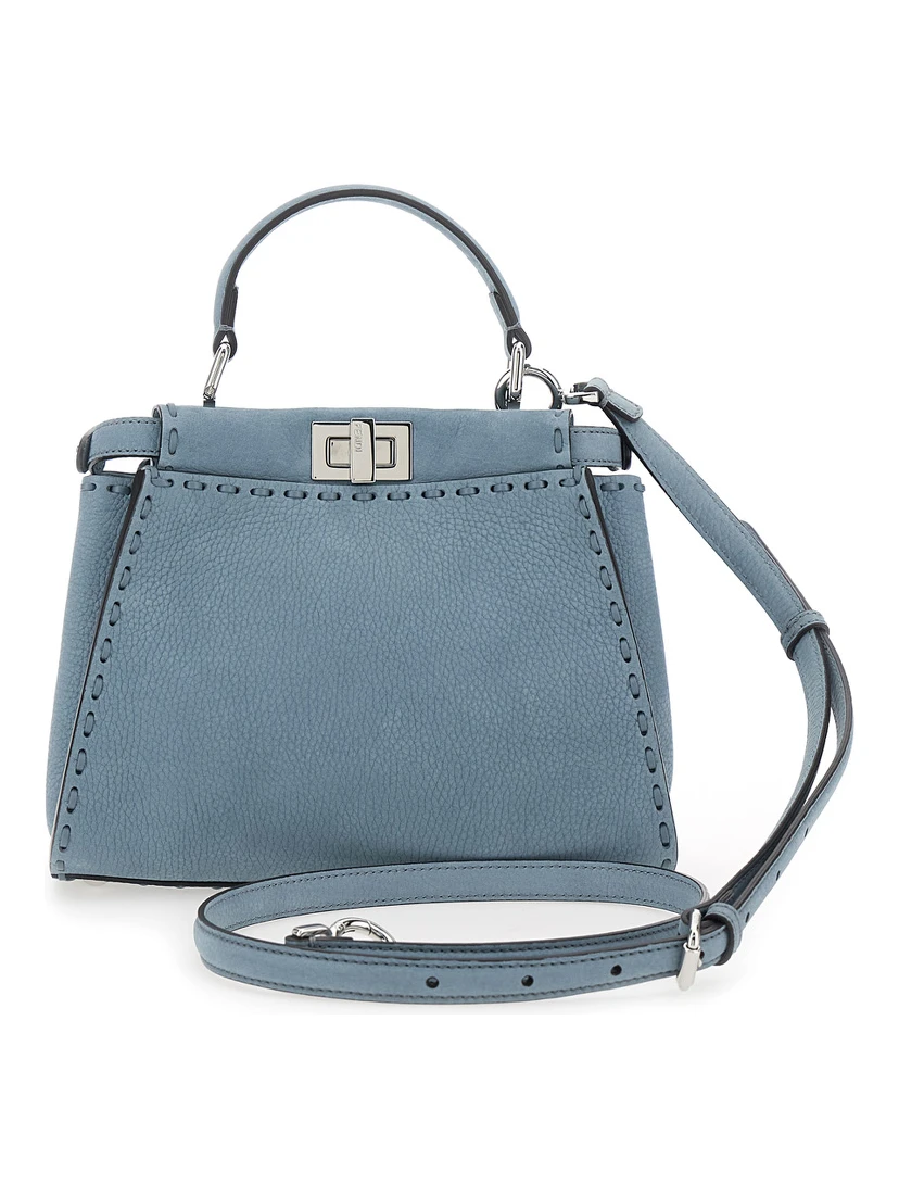 Peekaboo Blue Handbag with Turn-Lock Closure on Both Sides in Grained Leather Woman