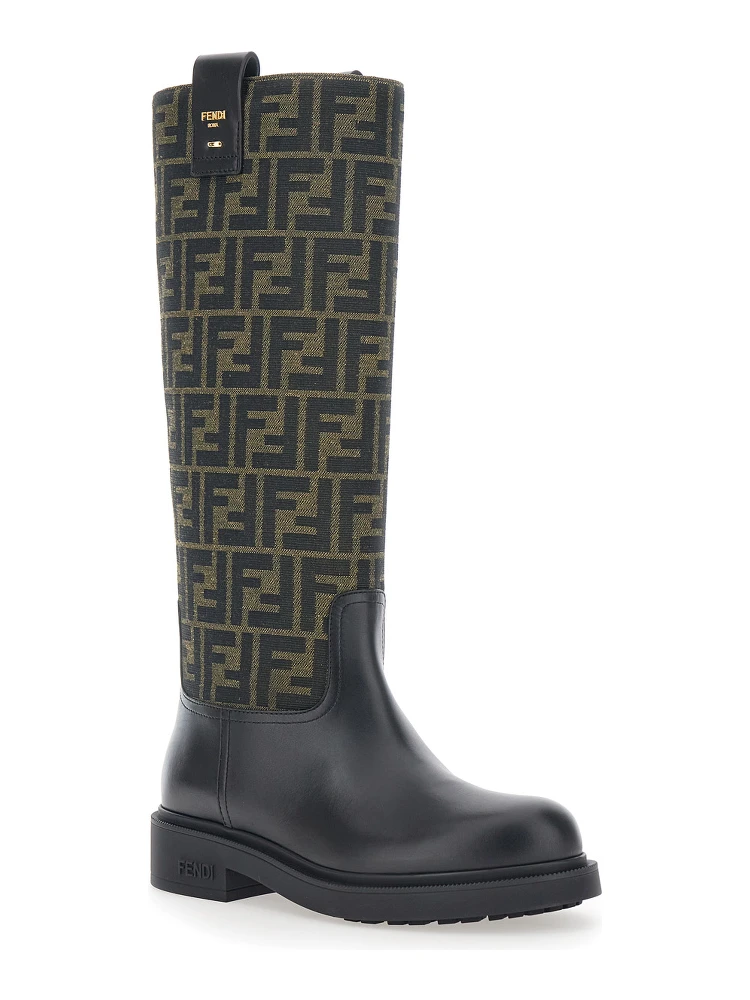 Black Boots with All-Over FF Motif and Side Lettering Logo in Leather and Fabric Woman alternative