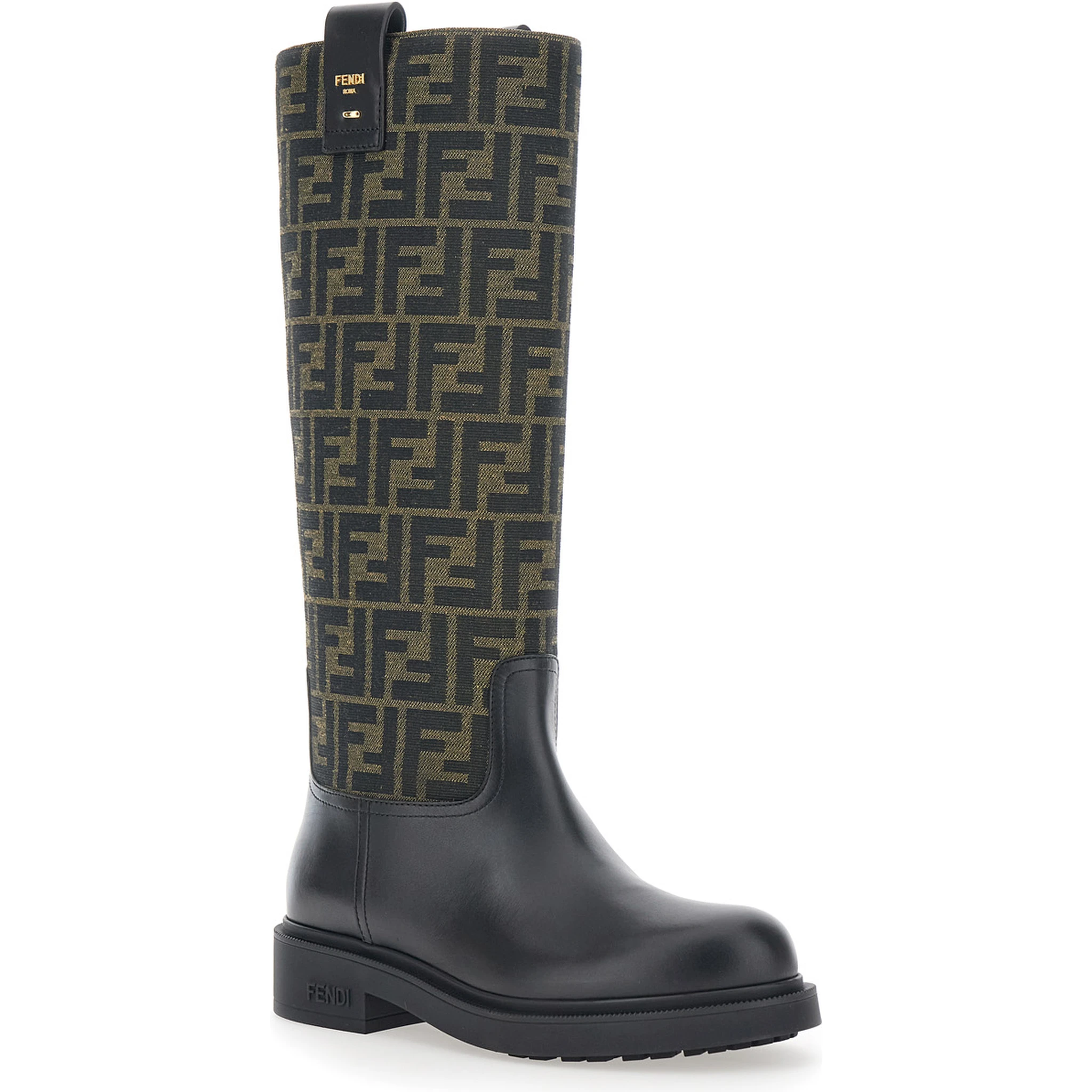 Black Boots with All-Over FF Motif and Side Lettering Logo in Leather and Fabric Woman