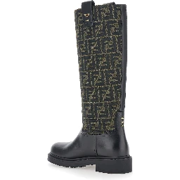 Black Boots with All-Over FF Motif and Side Lettering Logo in Leather and Fabric Woman