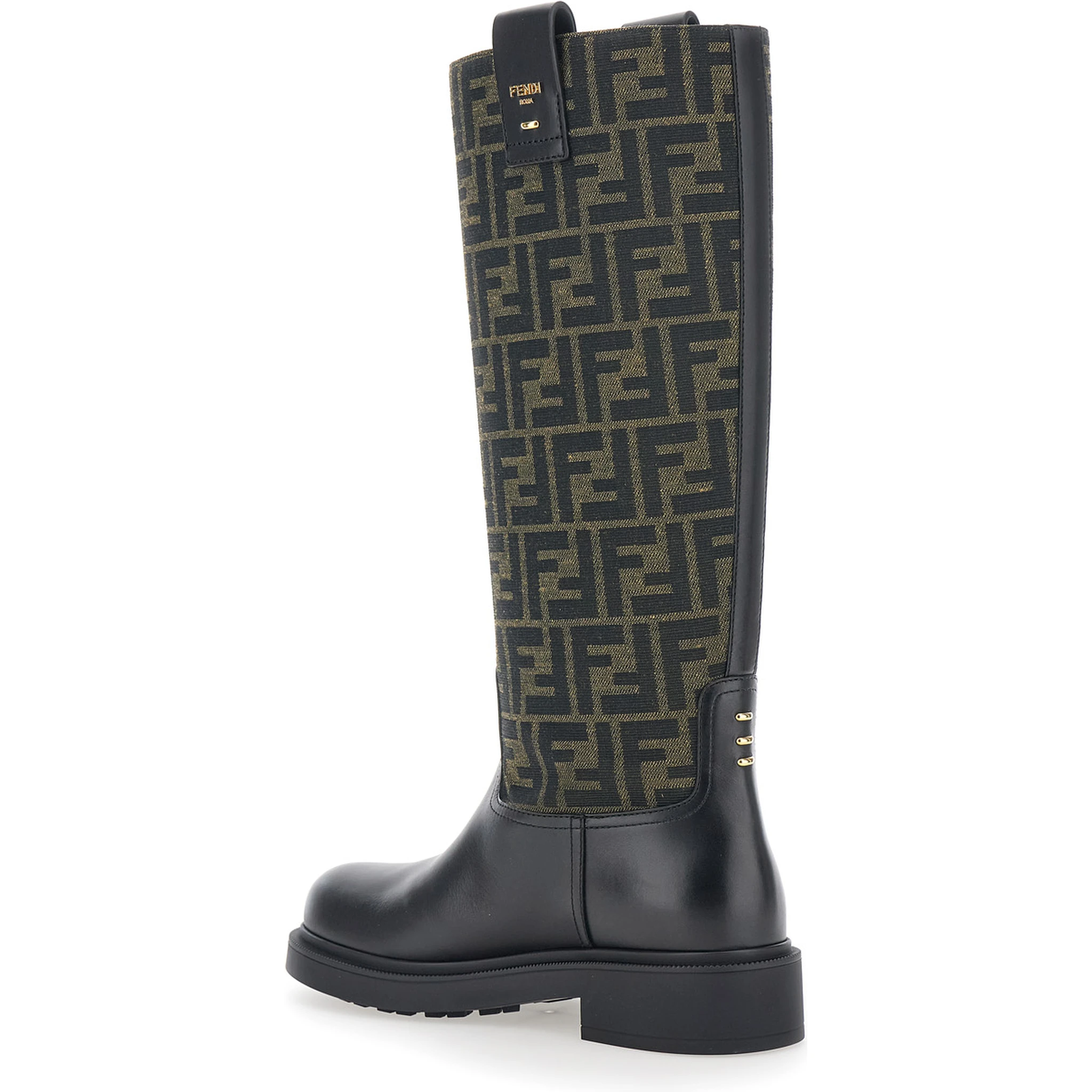 Black Boots with All-Over FF Motif and Side Lettering Logo in Leather and Fabric Woman