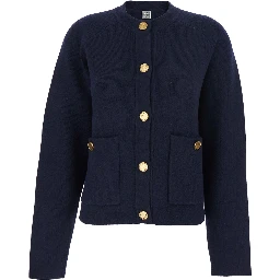 Blue Crewneck Cardigan with Jewel Buttons in Wool Blend Woman