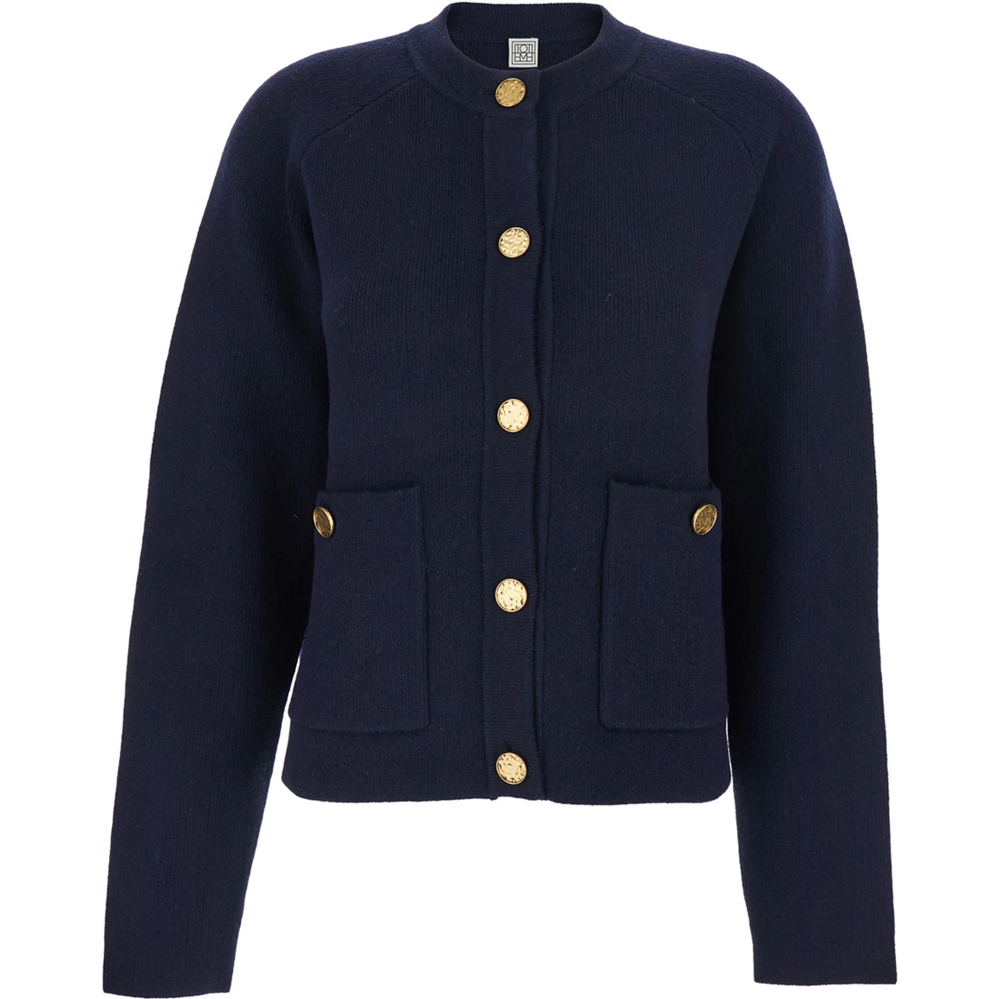 Blue Crewneck Cardigan with Jewel Buttons in Wool Blend Woman