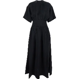 Black Long Dress with Elastic Gathered Waist in Viscose Woman