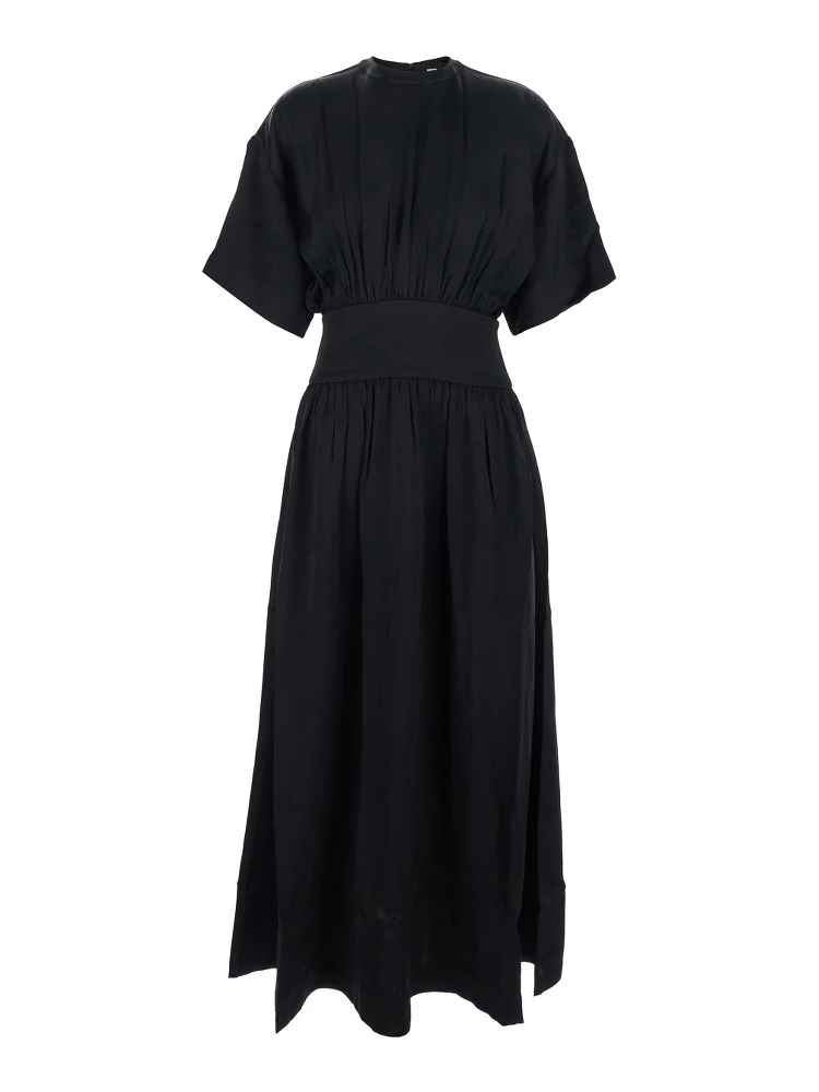 Black Long Dress with Elastic Gathered Waist in Viscose Woman