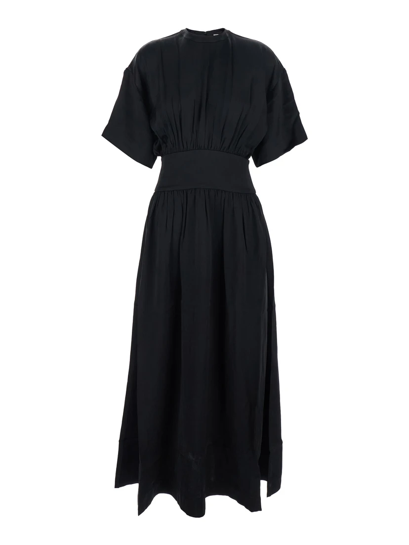 Black Long Dress with Elastic Gathered Waist in Viscose Woman