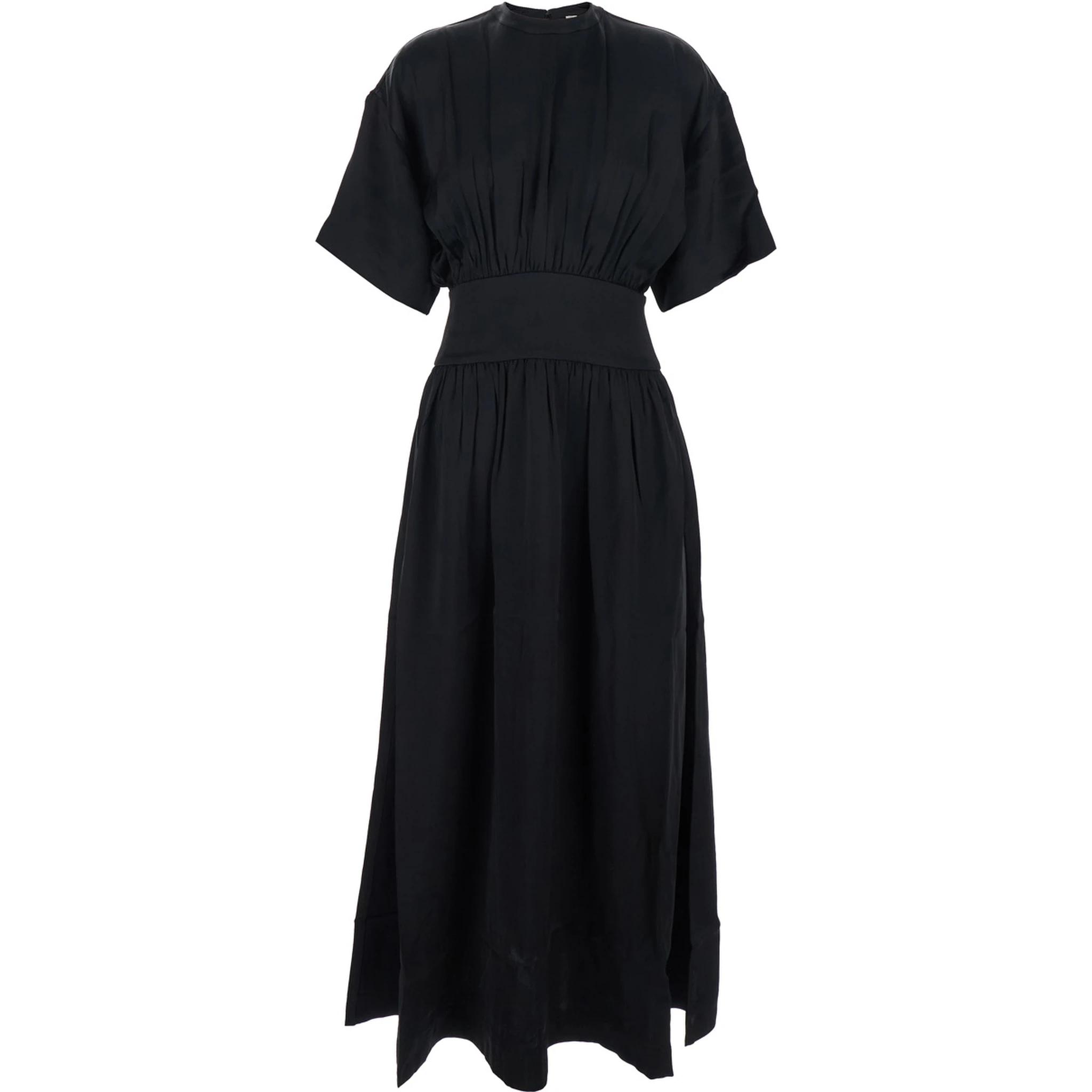 Black Long Dress with Elastic Gathered Waist in Viscose Woman
