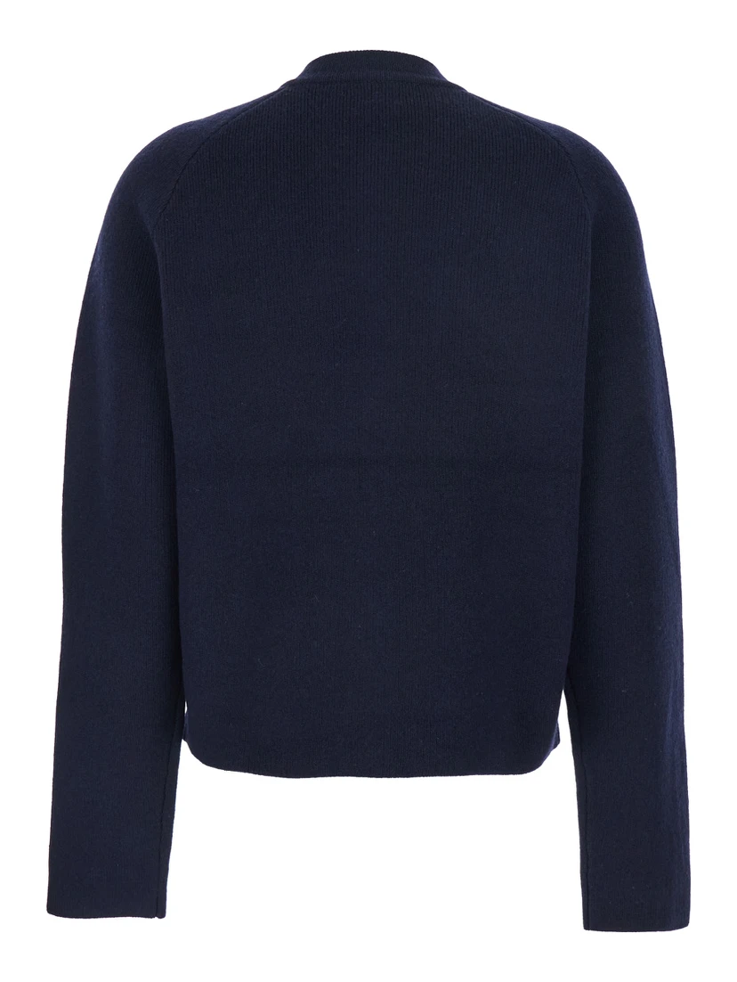 Blue Crewneck Cardigan with Jewel Buttons in Wool Blend Woman