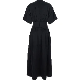 Black Long Dress with Elastic Gathered Waist in Viscose Woman