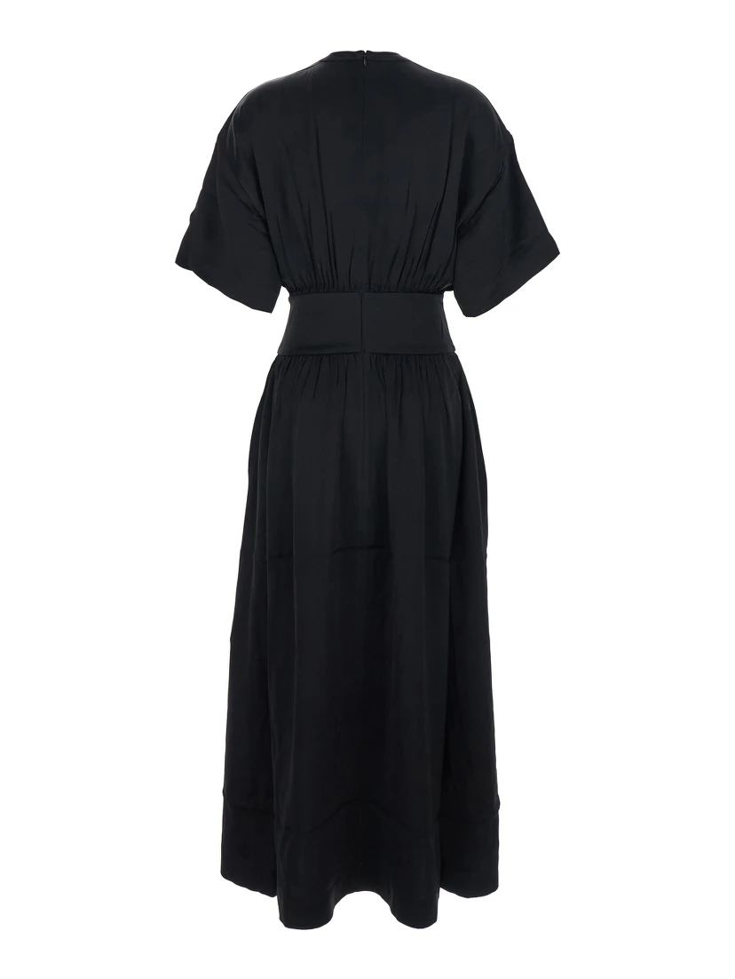 Black Long Dress with Elastic Gathered Waist in Viscose Woman