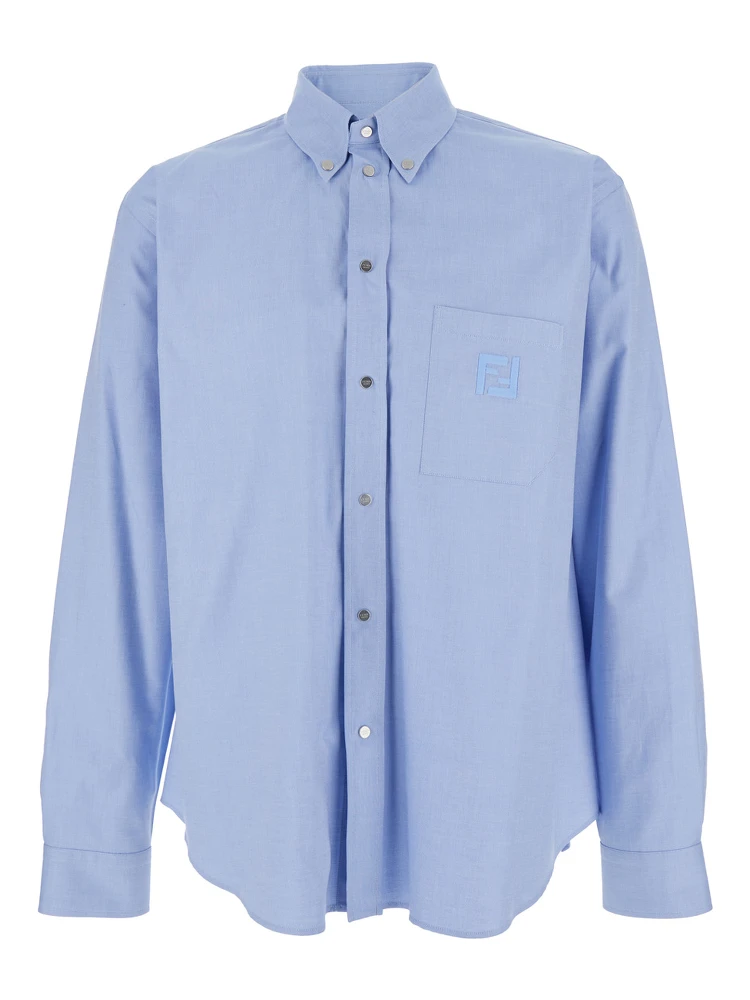 Light Blue Shirt with Button-Down Collar and FF Embroidery on the Front in Cotton Man