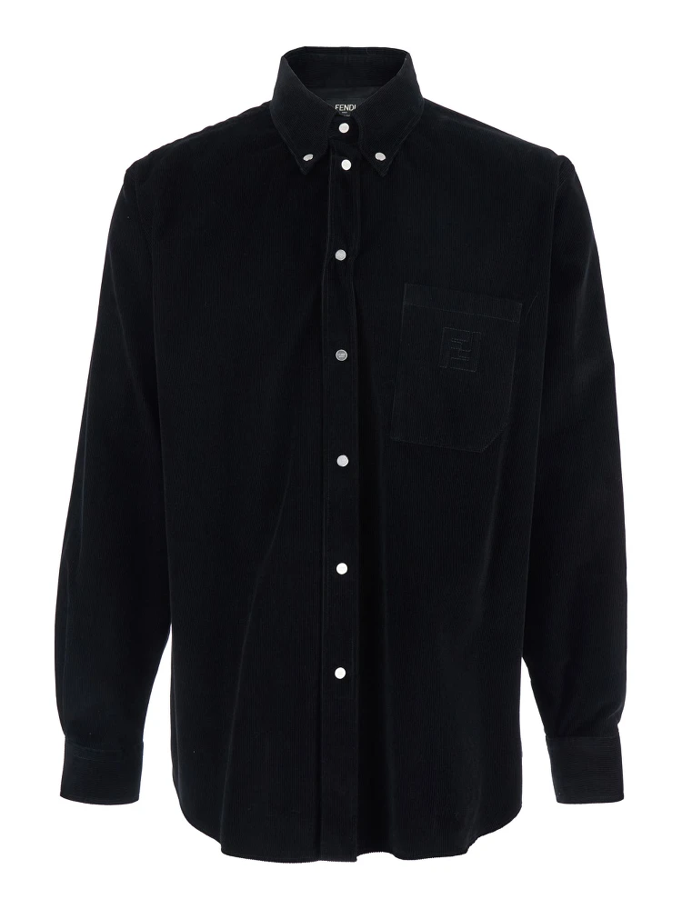 Black Shirt with Button-Down Collar and FF Embroidery on the Front in Corduroy Man