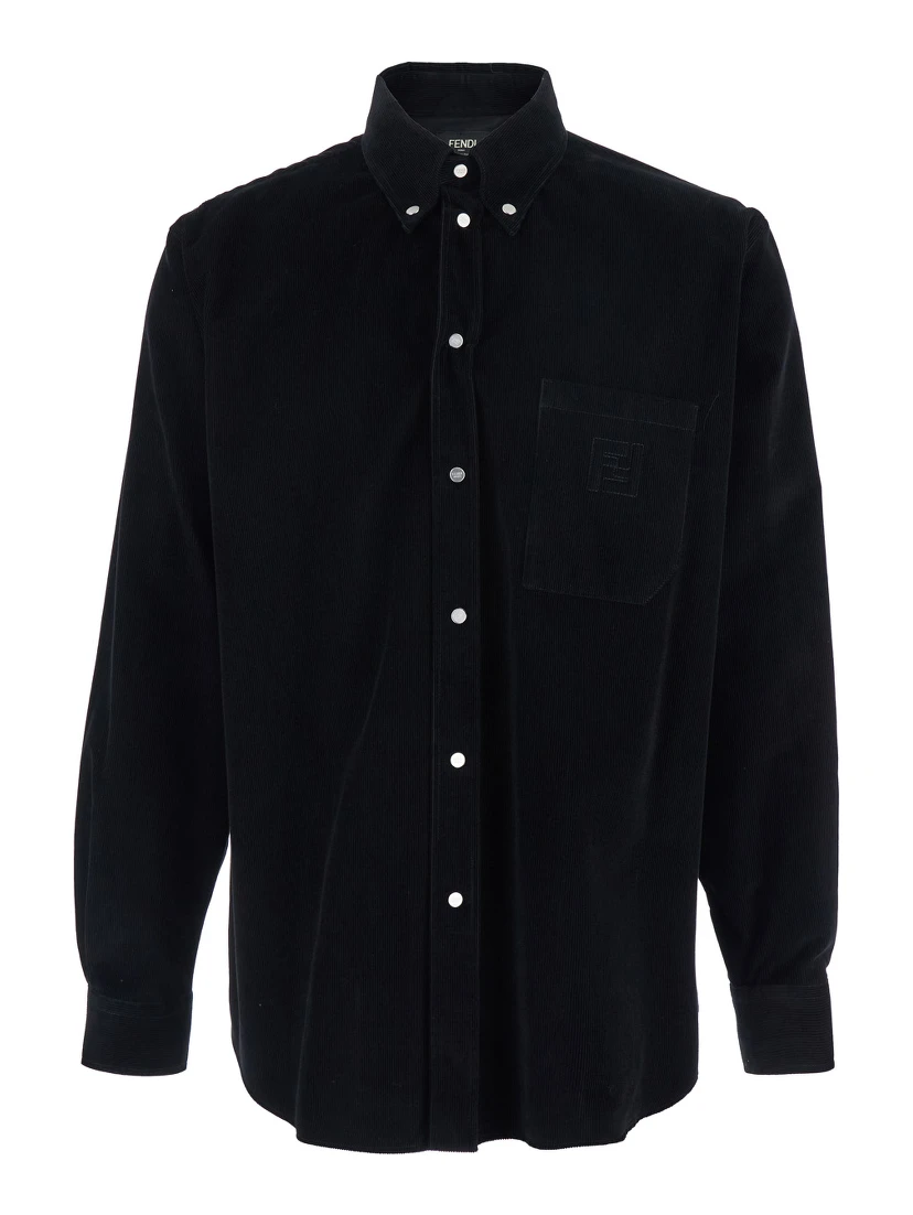 Black Shirt with Button-Down Collar and FF Embroidery on the Front in Corduroy Man