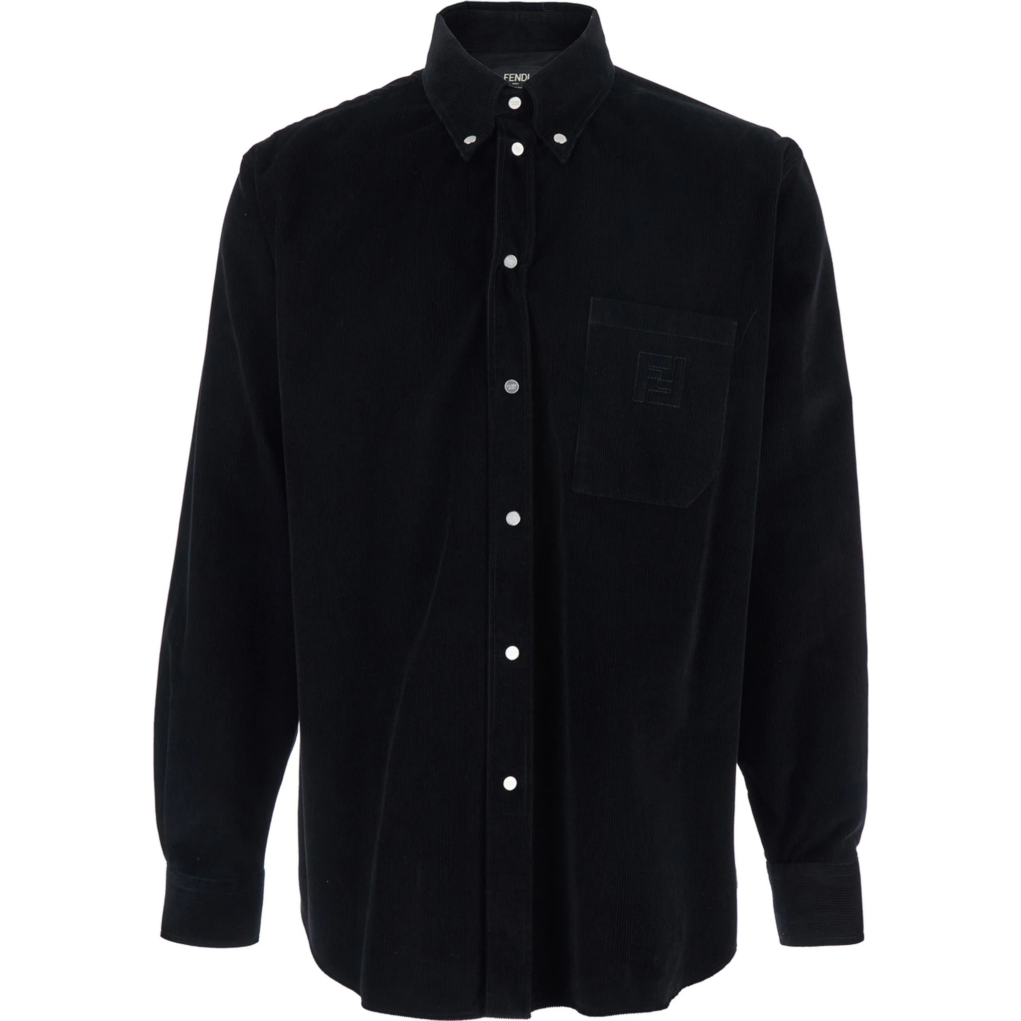 Black Shirt with Button-Down Collar and FF Embroidery on the Front in Corduroy Man