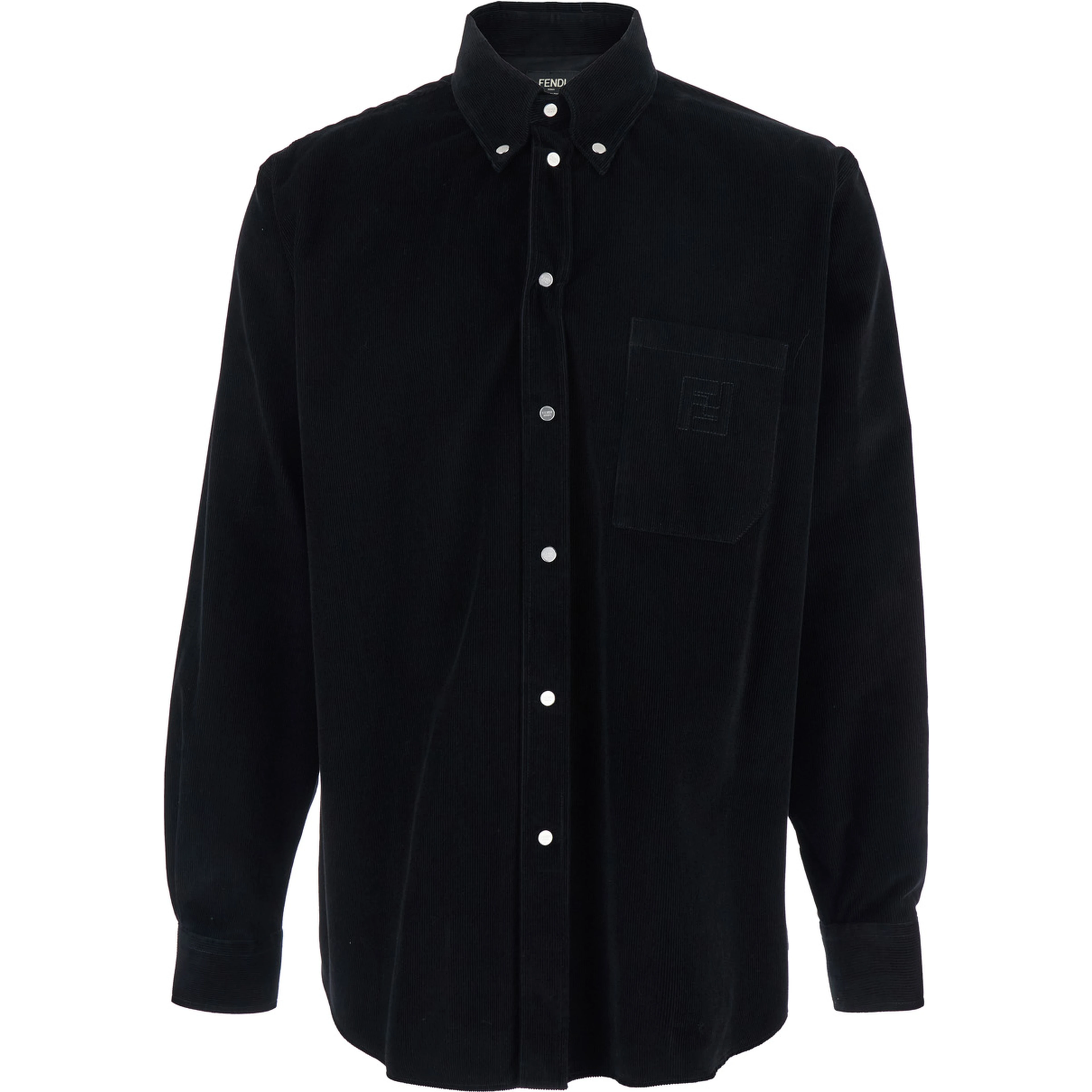 Black Shirt with Button-Down Collar and FF Embroidery on the Front in Corduroy Man
