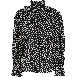 Black Blouse with High Neck and All-Over Polka Dot Motif in SIlk Woman