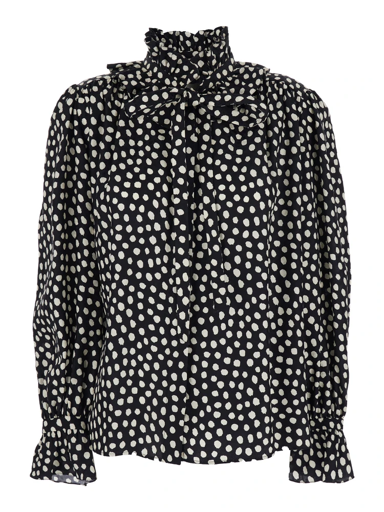 Black Blouse with High Neck and All-Over Polka Dot Motif in SIlk Woman