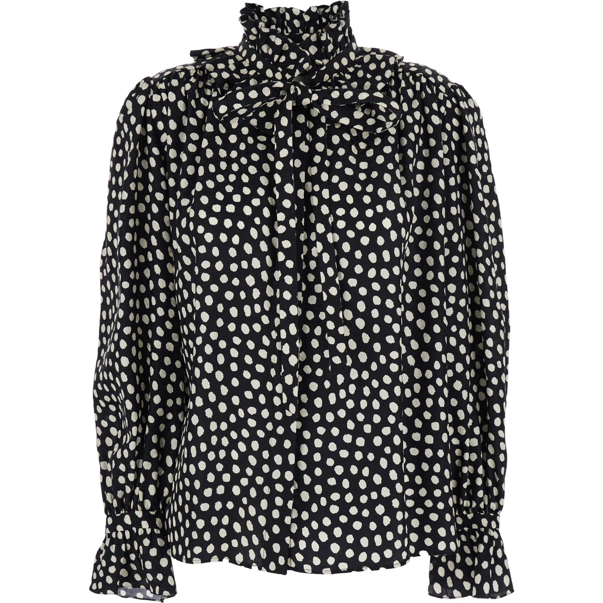 Black Blouse with High Neck and All-Over Polka Dot Motif in SIlk Woman