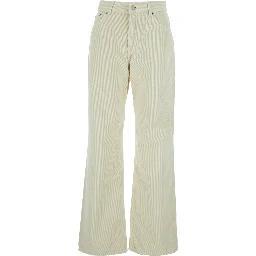 Korea White Pants with Logo Patch on the Rear and Wide Leg in Corduroy Woman