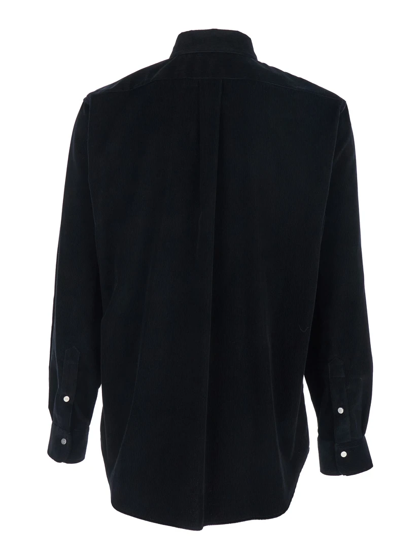 Black Shirt with Button-Down Collar and FF Embroidery on the Front in Corduroy Man