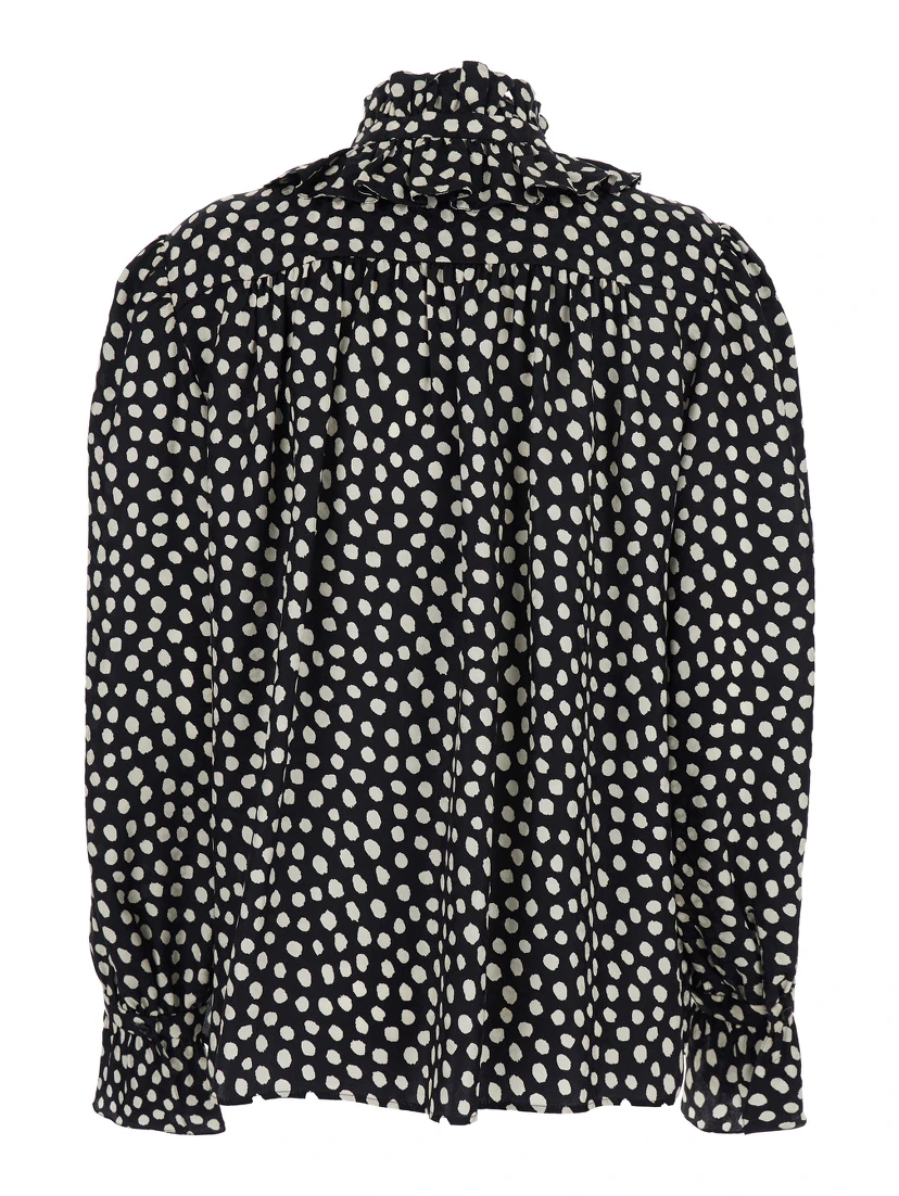 Black Blouse with High Neck and All-Over Polka Dot Motif in SIlk Woman