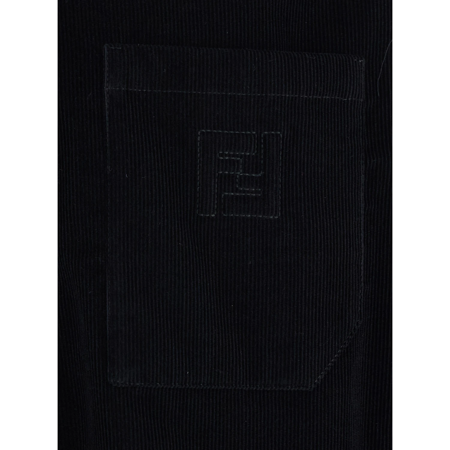 Black Shirt with Button-Down Collar and FF Embroidery on the Front in Corduroy Man