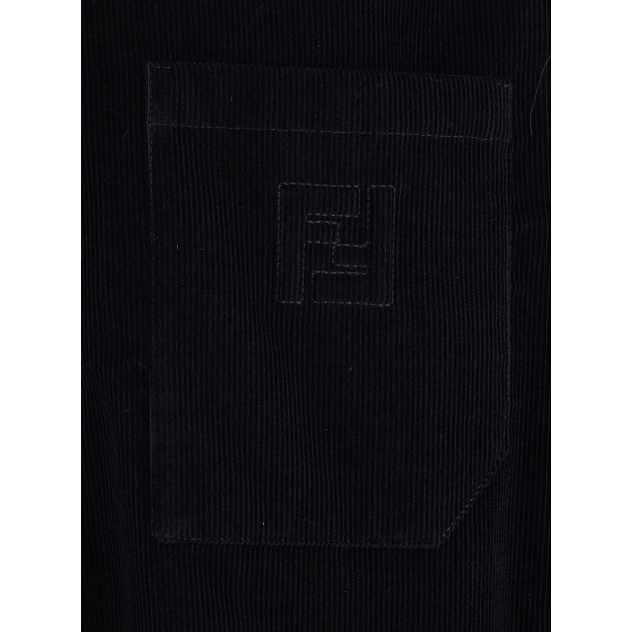 Black Shirt with Button-Down Collar and FF Embroidery on the Front in Corduroy Man