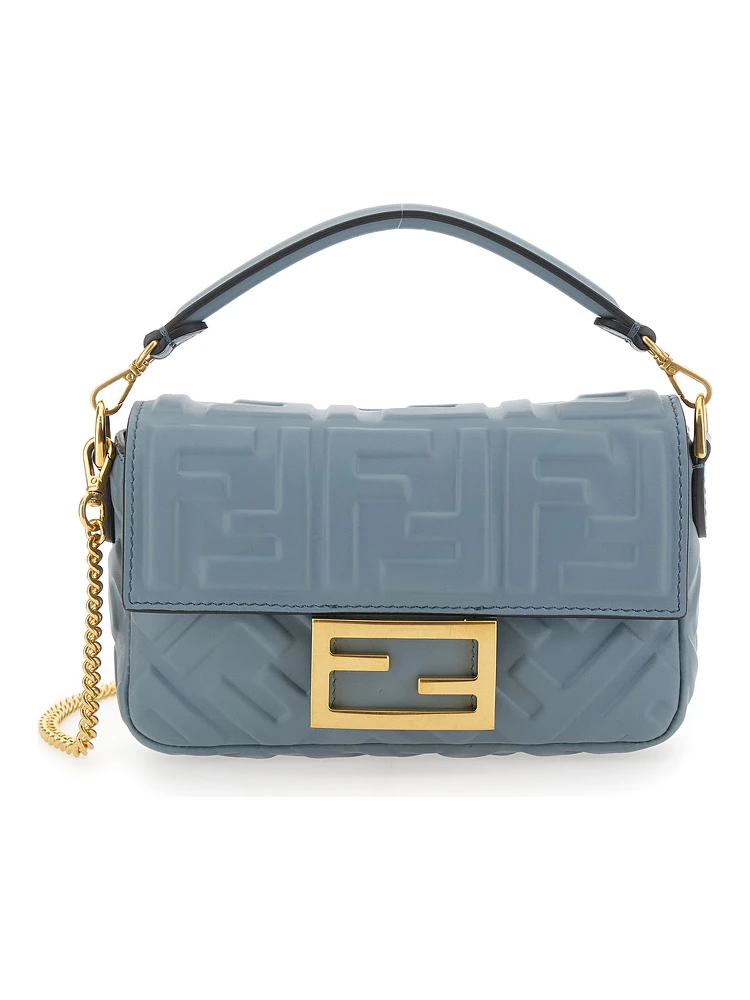 Baguette Blue Handbag with Chain-Link Removable Shoulder Strap and All-Over Embossed FF Motif in Leather Woman