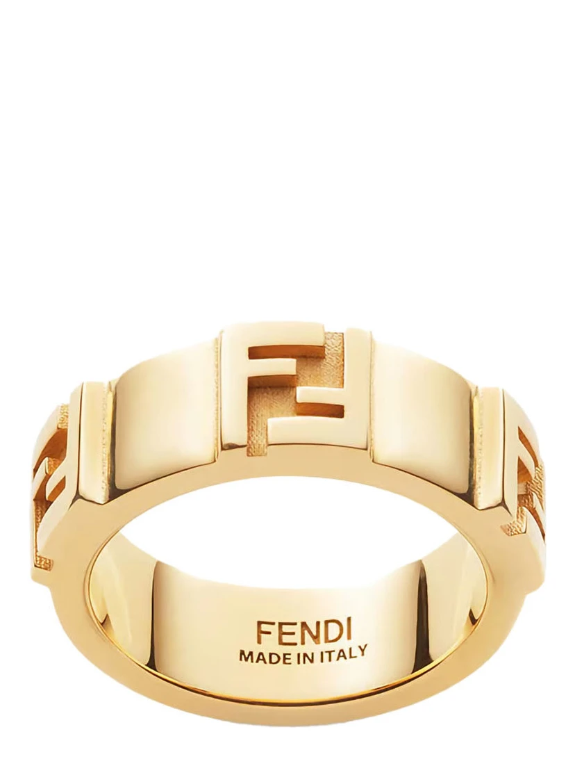 Gold Colored Band Ring with Embossed FF Logo in Brass Woman