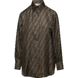 Brown Shirt with Pointed Collar and All-Over FF Print in Silk Woman