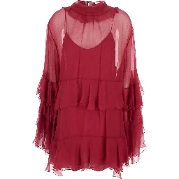 Fuchsia Crewneck Mini Dress with Ruches and Rear Button Closure in Silk Woman