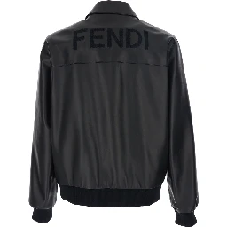 Black Jacket with Classic Collar and Logo Lettering on the Rear in Leather Man