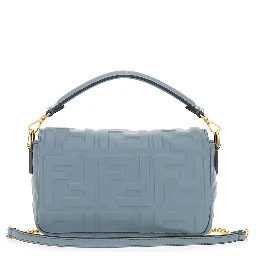 Baguette Blue Handbag with Chain-Link Removable Shoulder Strap and All-Over Embossed FF Motif in Leather Woman