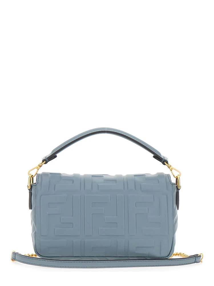 Baguette Blue Handbag with Chain-Link Removable Shoulder Strap and All-Over Embossed FF Motif in Leather Woman alternative
