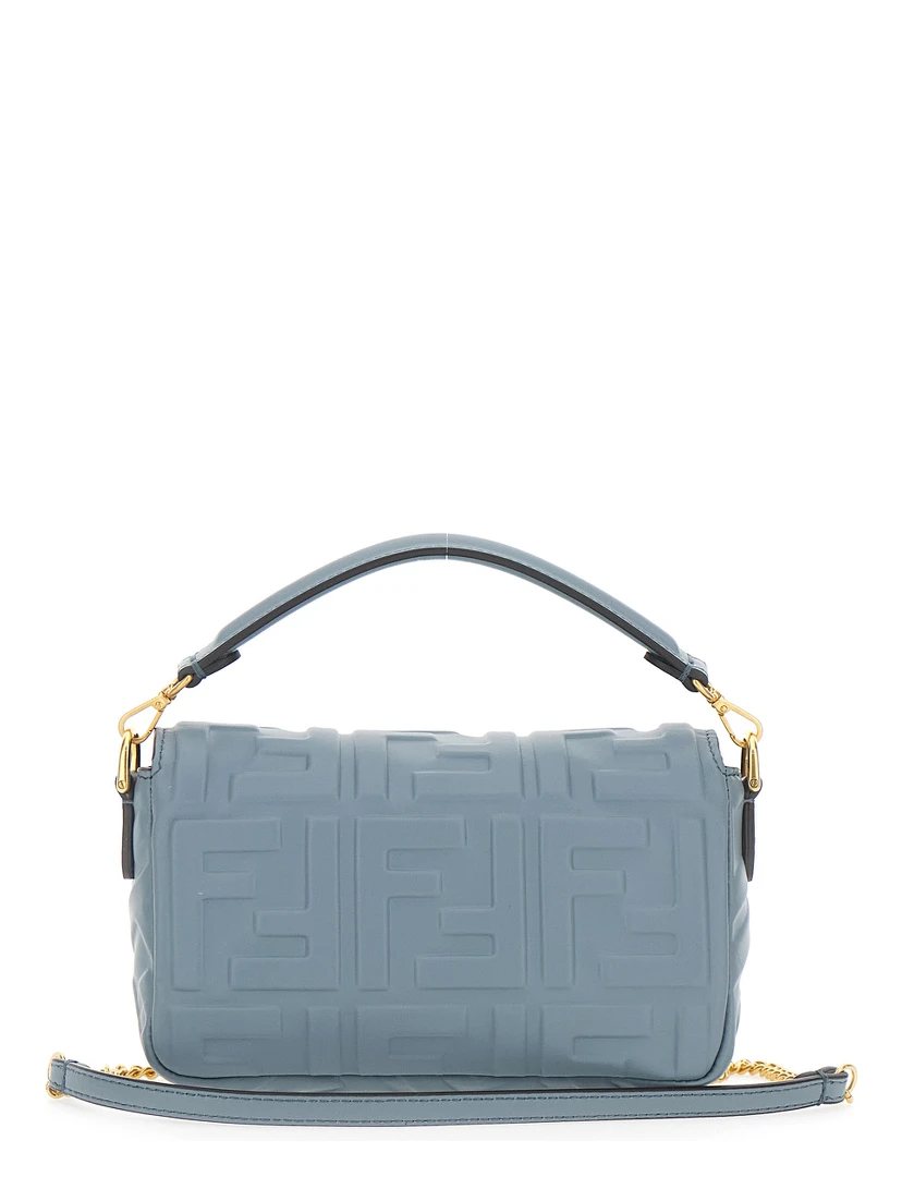 Baguette Blue Handbag with Chain-Link Removable Shoulder Strap and All-Over Embossed FF Motif in Leather Woman