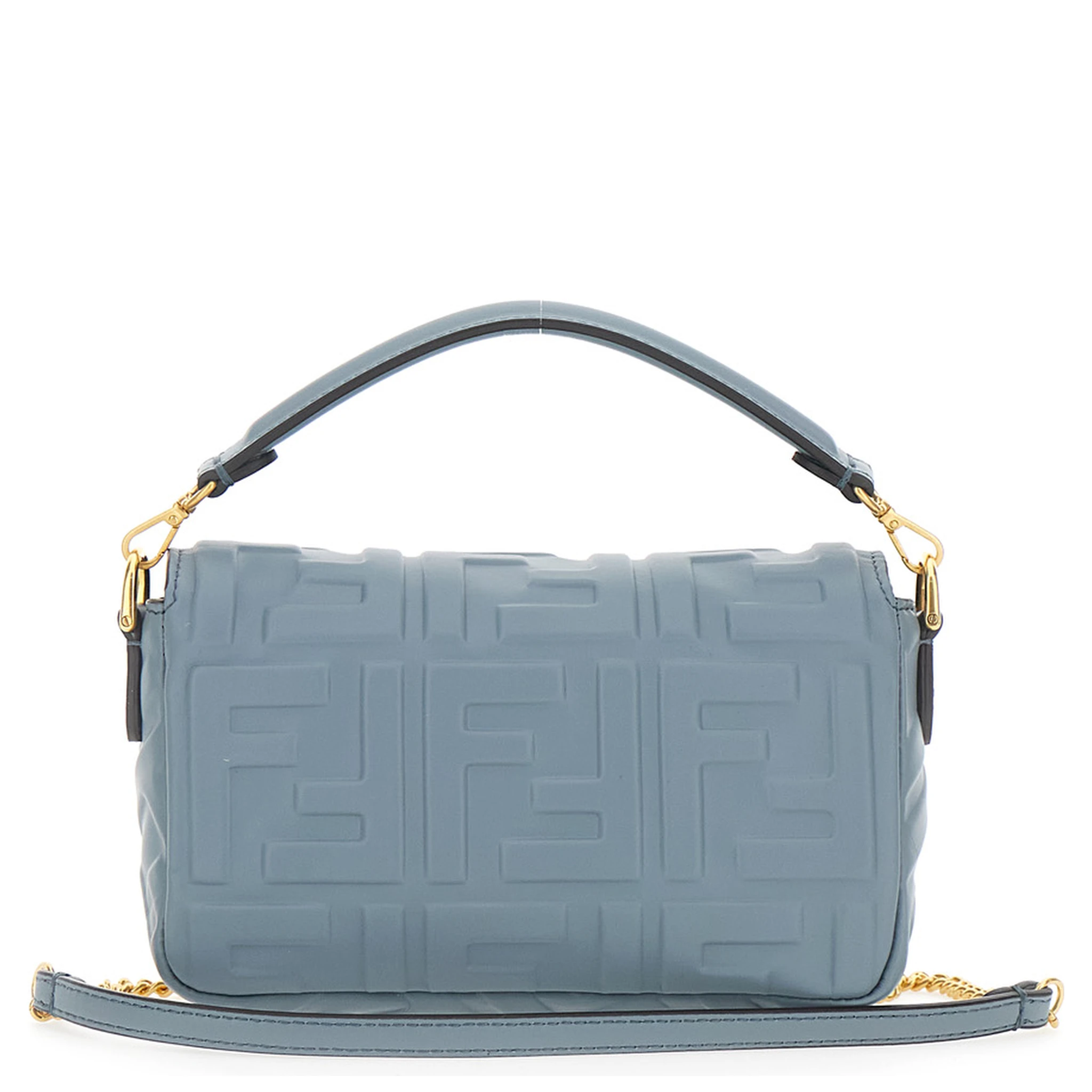 Baguette Blue Handbag with Chain-Link Removable Shoulder Strap and All-Over Embossed FF Motif in Leather Woman
