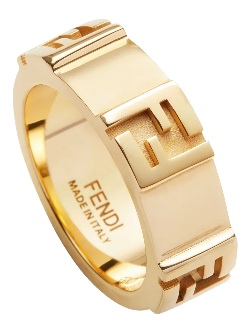 Gold Colored Band Ring with Embossed FF Logo in Brass Woman