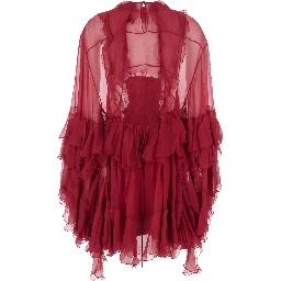 Fuchsia Crewneck Mini Dress with Ruches and Rear Button Closure in Silk Woman