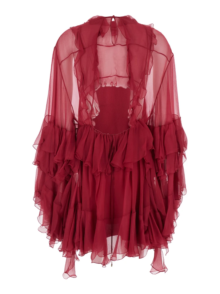 Fuchsia Crewneck Mini Dress with Ruches and Rear Button Closure in Silk Woman alternative