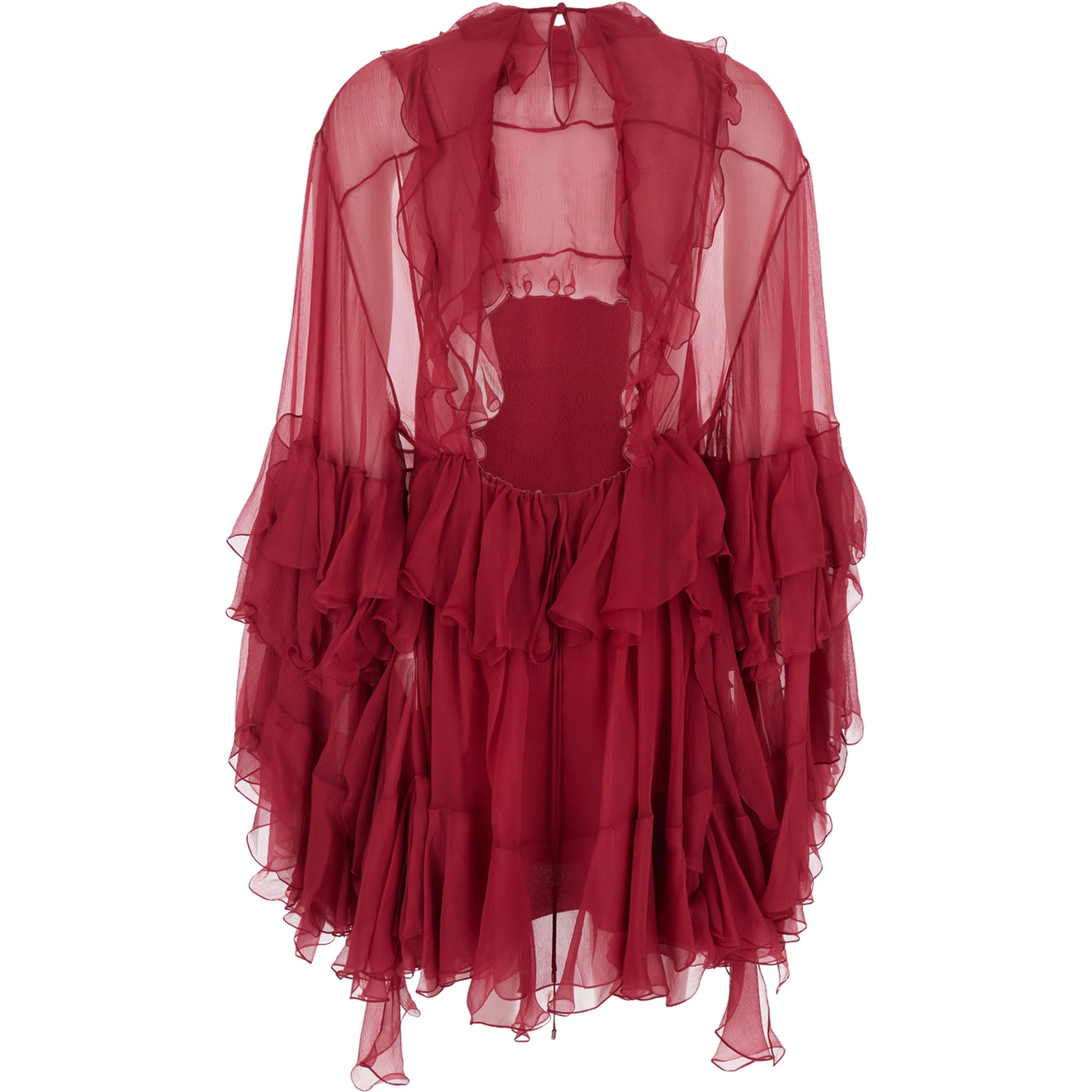 Fuchsia Crewneck Mini Dress with Ruches and Rear Button Closure in Silk Woman