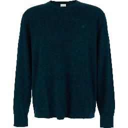 Blue Crewneck Sweater with Logo Embroidery on the Front and Dropped Shoulders in Wool Man