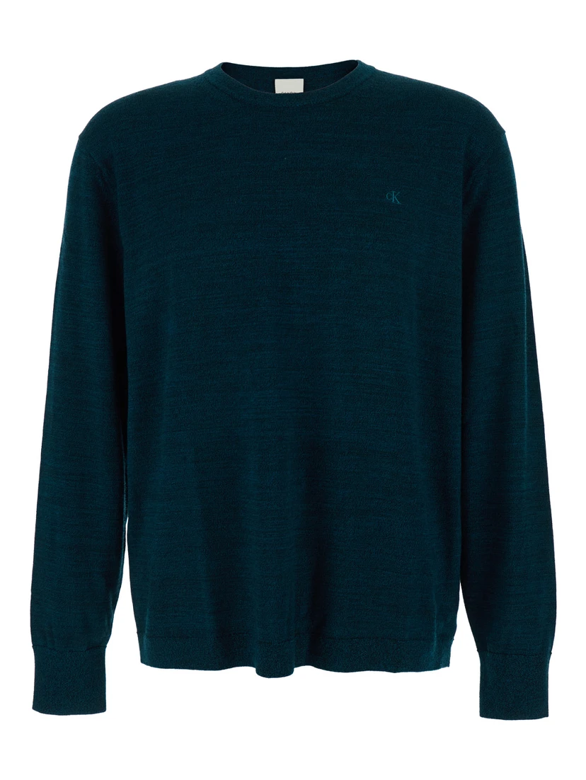 Blue Crewneck Sweater with Logo Embroidery on the Front and Dropped Shoulders in Wool Man