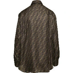 Brown Shirt with Pointed Collar and All-Over FF Print in Silk Woman