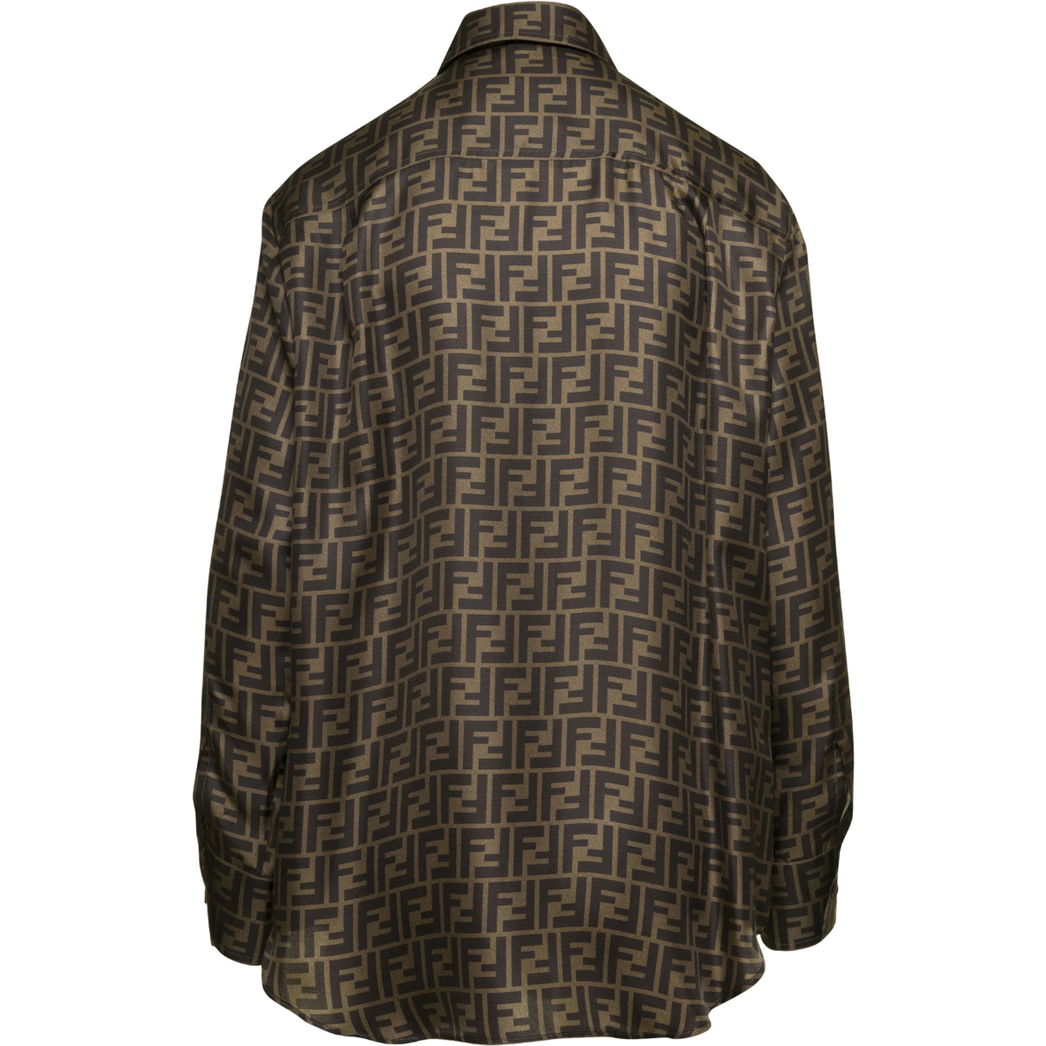 Brown Shirt with Pointed Collar and All-Over FF Print in Silk Woman