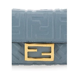 Baguette Blue Handbag with Chain-Link Removable Shoulder Strap and All-Over Embossed FF Motif in Leather Woman