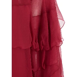 Fuchsia Crewneck Mini Dress with Ruches and Rear Button Closure in Silk Woman