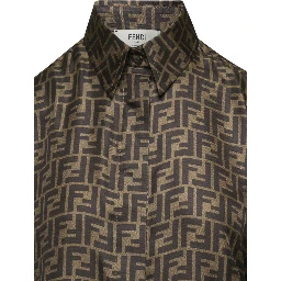 Brown Shirt with Pointed Collar and All-Over FF Print in Silk Woman